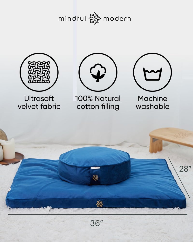 Mindful Modern Velvet Zabuton Meditation Mat - Luxurious Meditation Cushion Pillow with 100% Cotton Filling - Enjoy Better Posture and Greater Comfort for Zafu or Bench (Royal Navy) - Image 3